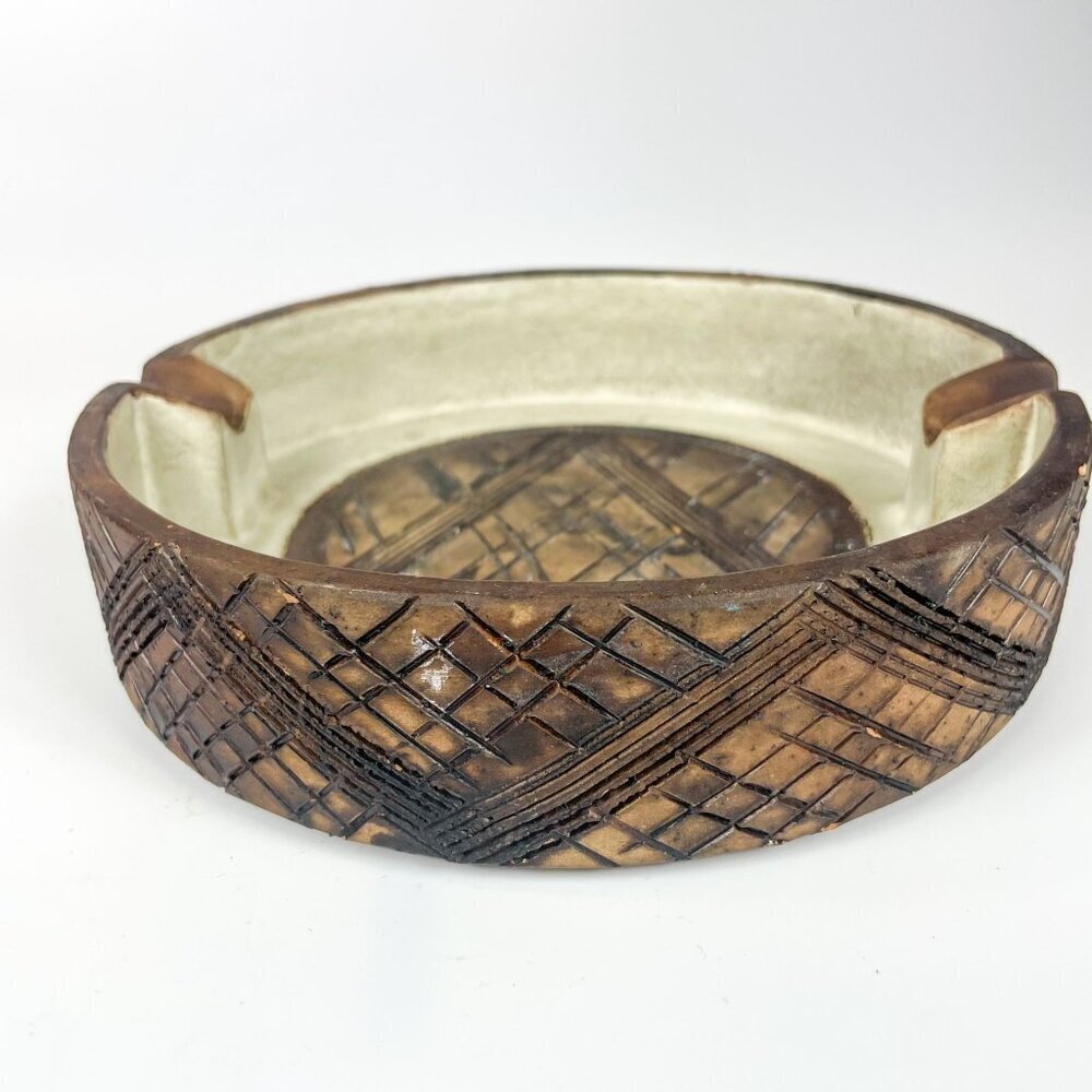 Vintage Bitossi Sgraffito Brown Mid Century Modern Ashtray Incised Geometric
